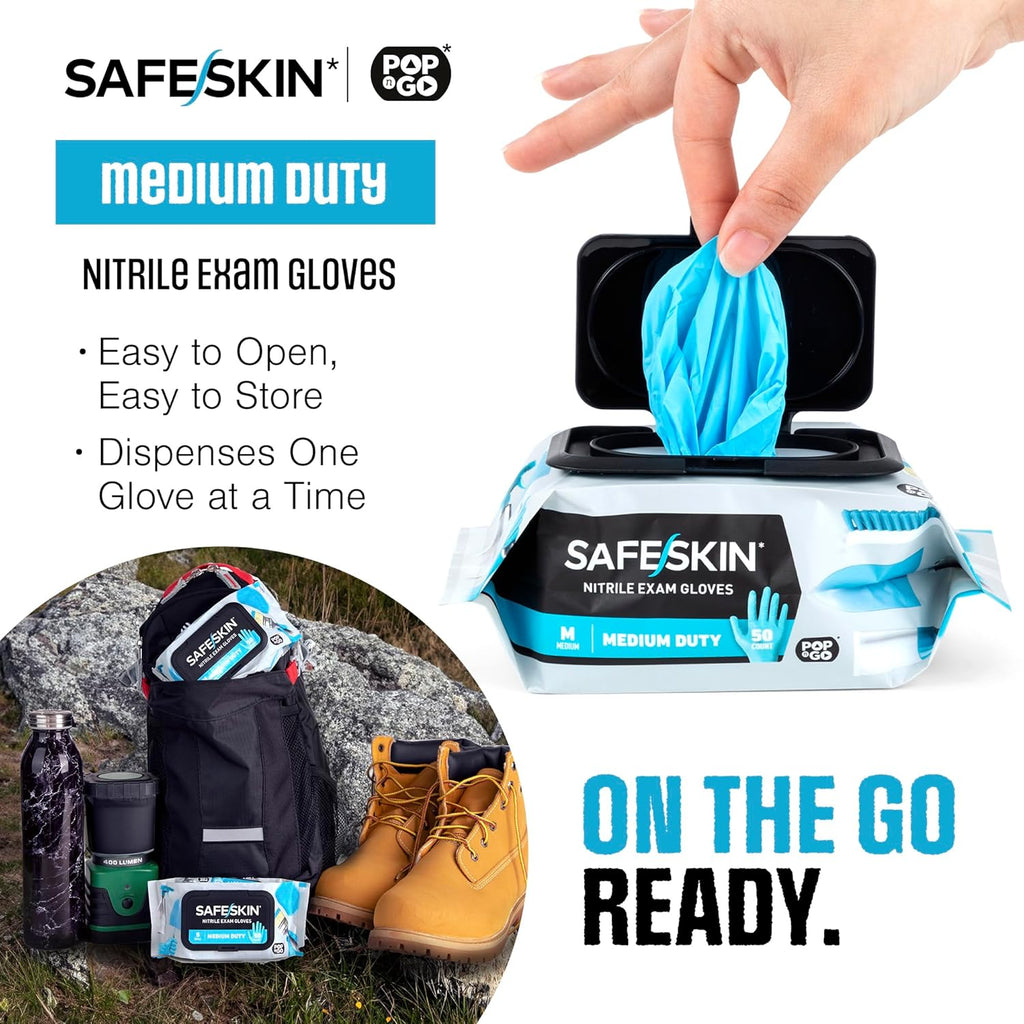 SAFESKIN Disposable Nitrile Gloves in POP-N-GO Pack (50 or 200 Count) Medium Duty, Powder-Free -Cleaning, Gardening, Crafts