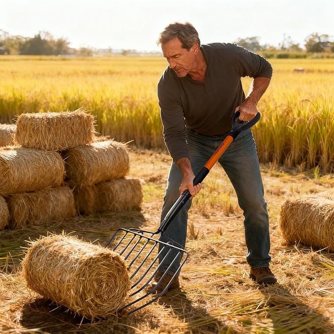 Pitchfork for Gardening, 10 Tines Pitch Fork with Non-Slip Handle, Heavy Duty Pitch Fork for Mulching, 45 Inches