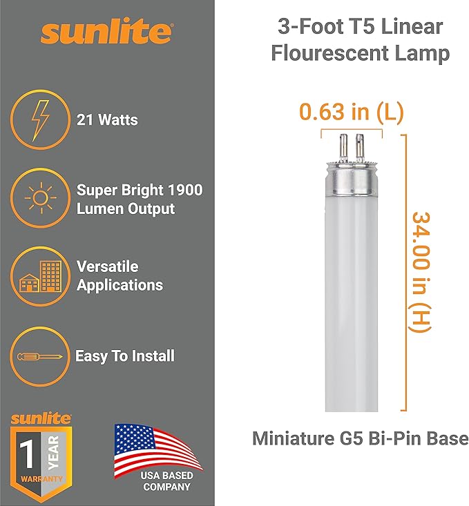 Sunlite 30315 F21T5/830 3 Foot T5 Linear Fluorescent Lamp, 21 Watts, 1900 Lumens, 3000K Warm White, Miniature G5 Bi-Pin Base, ROHS Compliant, High Performance Straight Tube, 40 Pack