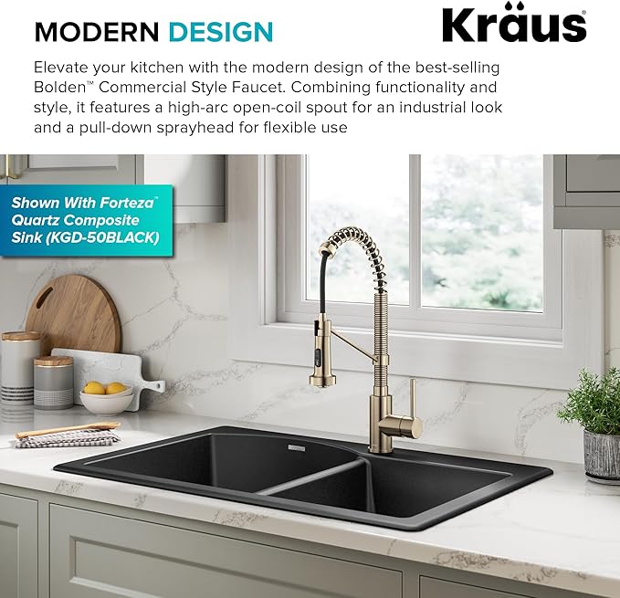 KRAUS Bolden Commercial Style 2-Function Single Handle Pull Down Kitchen Faucet in Spot-Free Antique Champagne Bronze, KPF-1610SFACB