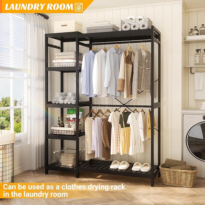 Homykic Bamboo Clothes Rack Garment Rack for Hanging Clothes, Heavy Duty Clothing Rack with 7 Tiers Adjustable Shelves, Double Rods, 4 Hooks, Freestanding Closet System Organizer Wardrobe, Black