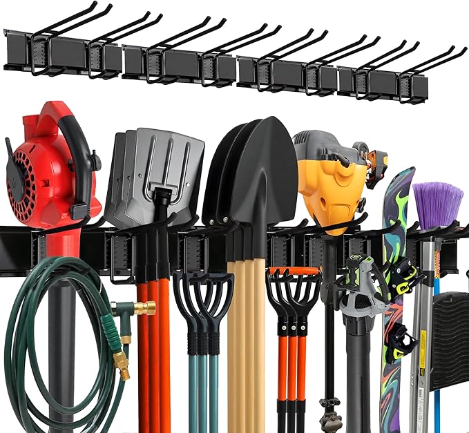 Garage Wall Organizer | 64" Heavy-Duty Tool Storage Rack | Adjustable Double-Layer Hooks | 400 lbs Capacity | Carbon Steel Wall Mount Holder for Shovels, Rakes, Ladders & Power Tools
