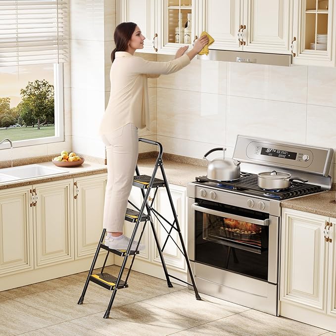 4 Step Ladder, Heavy-Duty Pass 800lb Capacity Test, Wide Anti-Slip Steps & Secure Handrail Compact, Folding Step Stool Portable Design for Home, Kitchen, Office, Pantry, Closet Use, Black