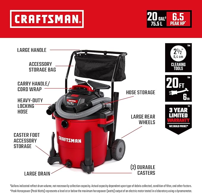CRAFTSMAN CMXEVBE17656 20 Gallon 6.5 Peak HP Wet/Dry Shop Vac with Cart, Heavy-Duty Shop Vacuum Wet and Dry with Fine Dust Filter, Dust Bag, Hose and Attachments for Shop, Garage, Jobsite Cleaning