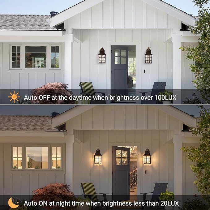 Farmhouse Exterior Light Fixtures - Sensor Dusk to Dawn Outdoor Porch Lights, Black Brush Gold Wall Sconce, Outside Wall Lantern for Front Door, Garage 2 Pack