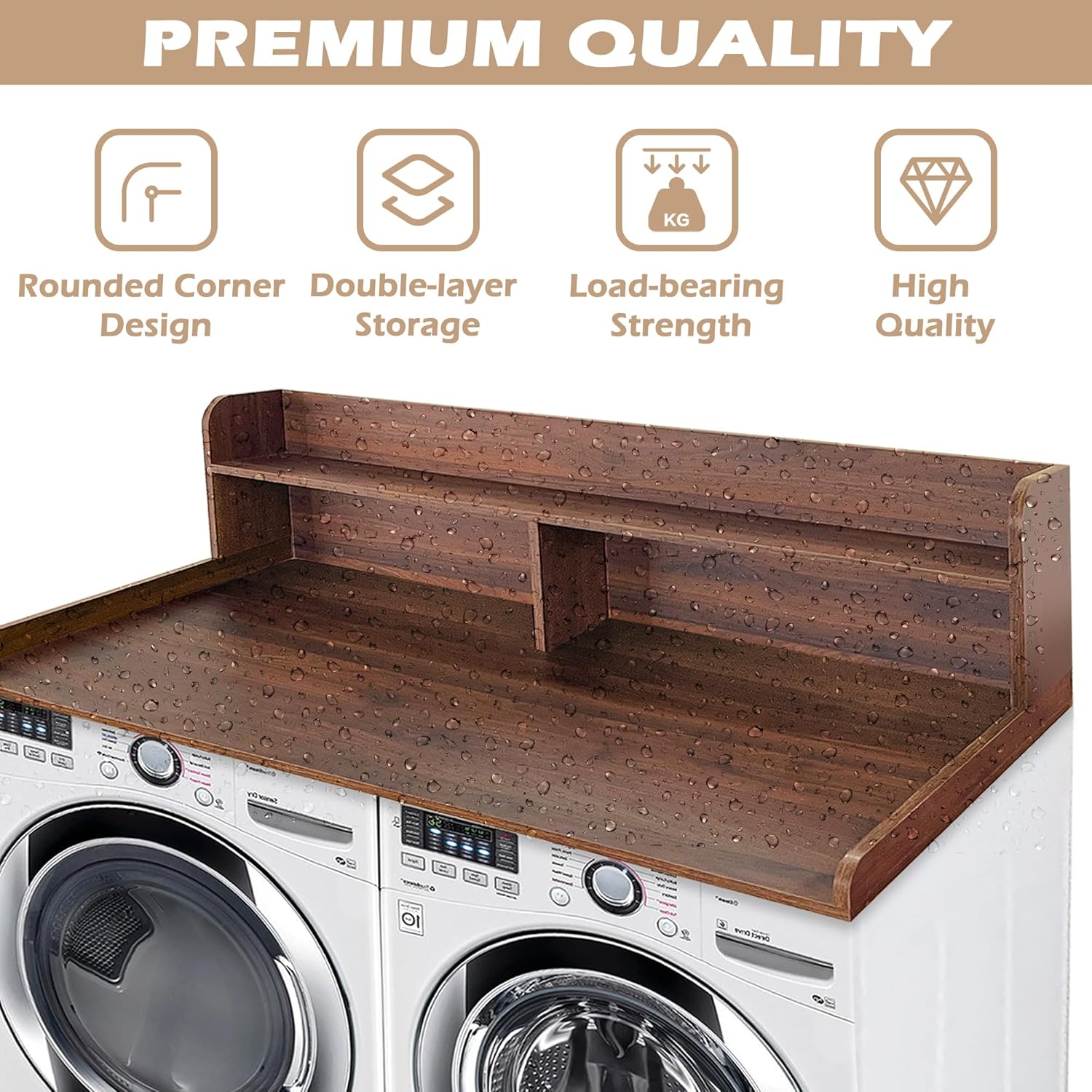 Royxen Laundry Countertop with 2-Tier Shelf Universal Fit, Washer and Dryer Countertop with Storage Space, Shelf Height 11.5 Inches, Walnut Color