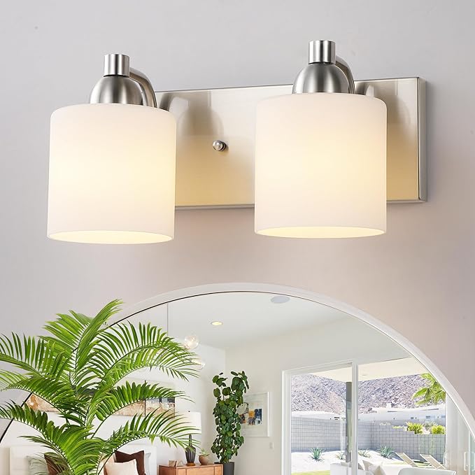 Stainless Steel Milk Glass Vanity Lights for Bathroom, 2 Light Brushed Nickel Bathroom Light Fixtures Over Mirror, Ceramic E26 Sockets Wall Mounted