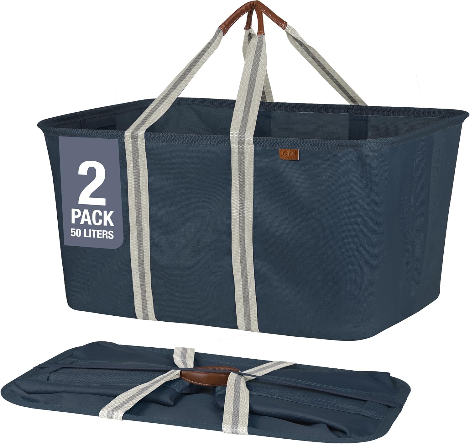 CleverMade Collapsible Laundry Tote - LUXE Navy Noir Cream 2Pack 50L - Foldable Storage Organization Container Clothes Laundry Room Storage Solution