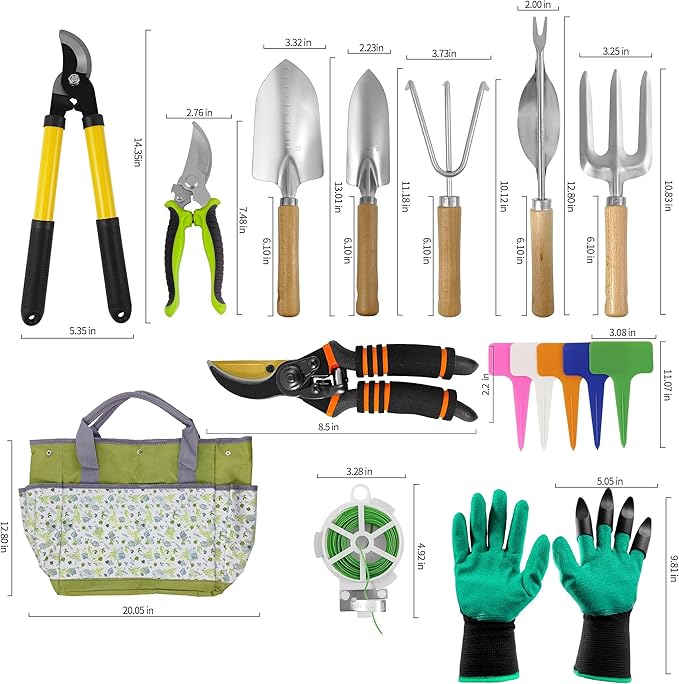 Gardening Tools – 42 Piece Premium Gardening Tool Set,Heavy Duty Hand Tools with Fashion Garden Tools Organizer Handbag,Rust-Proof Gardening Tool Kit, Ideal Gardening Gifts for All (Green Floral)