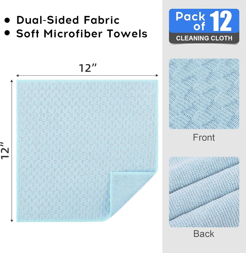 Kitinjoy Microfiber Cleaning Cloth, 12 Pack Soft and No Lint Microfiber Towels Cleaning Supplies, Absorbent Fast Drying Cleaning Rags for Housekeeping, Kitchen, Window, 12 x12 Inches, Light Blue