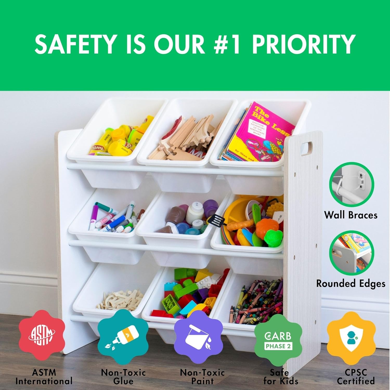 Humble Crew 9-Bin Toy Organizer – Hampton Sandwashed with White Plastic Bins, 3-Tier Storage Solution for Kids' Playrooms and Nurseries