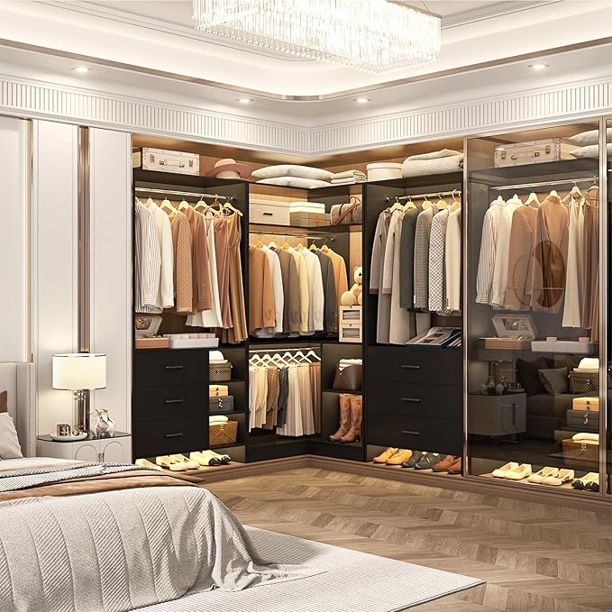 Aheaplus Closet System with 6 Drawers, 4 Hanging Rods & Corner Tower, Corner Closet System with Hanging, 86.8" L-Shaped Walk-In Wardrobe Organizer, 2000+ lbs Capacity, Set of 3, Black