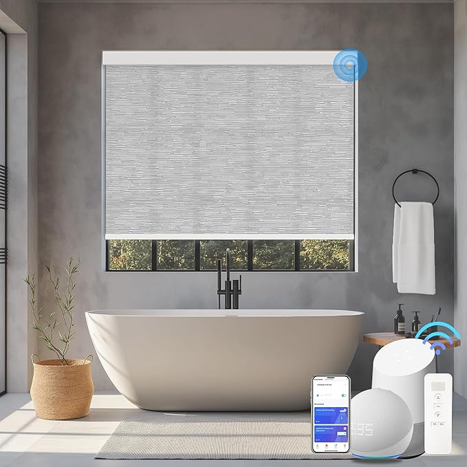 Motorized Blinds with Remote Cordless Automatic Motorized Shades Custom Blinds for Windows Smart Curtains Compatible with Alexa Google Home(Light Filtering Jacquard Grey,W68 x H72in)