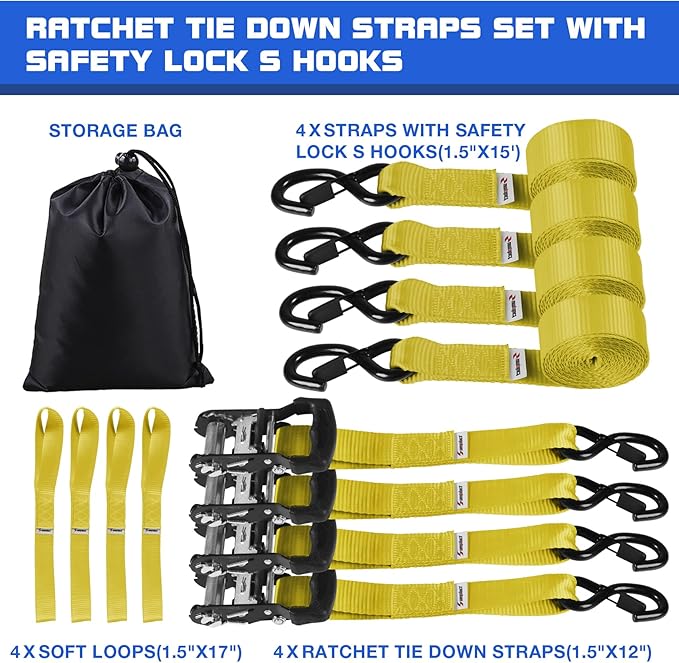 Truck Bed Tie Down Straps Ratchet Set 4 PK 15'x1.5 Inch 4400 lbs Load Rack Roof Car Accessories Heavy Duty Cargo Straps Ratching for Kayak,Moving Furniture,Boat,Trailer,Mattress Tie Downs Rope Yellow