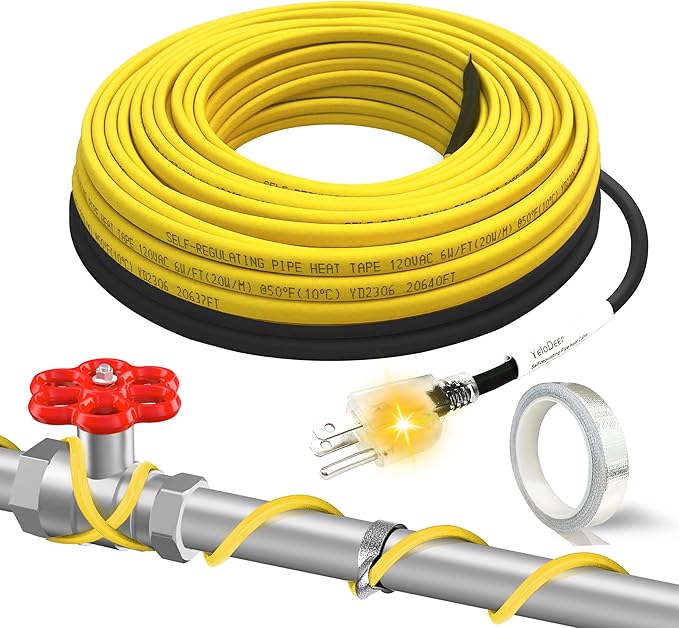 65 Ft Pipe Heat Cable for Water Pipe Freeze Protection, Self-Regulating Heat Tape for Metal and Plastic Pipes, Anti-Freeze Pipe Heating Trace System 6W/Ft 120V