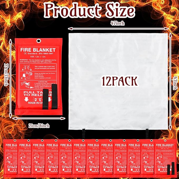 Jerify 12 Pack Fire Blanket for Home Emergency Fire Blanket 47 x 47 Inch Kitchen Fire Suppression Blanket Fiberglass Fire Blanket Flame Retardant Protection and Heat Insulation (Red)
