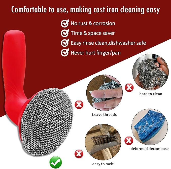 Cast Iron Cleaner Scrubber with Handle -3mm Welded Chain Mail Cast Iron Scrubber Brush-Chainmail Sponge Scrub Cleaning Tool to Clean Skillets, Pan,Griddle, Wok, Dutch Oven