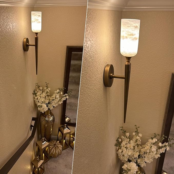Alabaster Wall Sconce 22in Antique Brass Sconces Wall Lighting, Imported in Spain Natural Alabaster, Bathroom Sconce Gold Sconces Wall Decor, for Living Room Dining Room Hallway Bedside Staircase