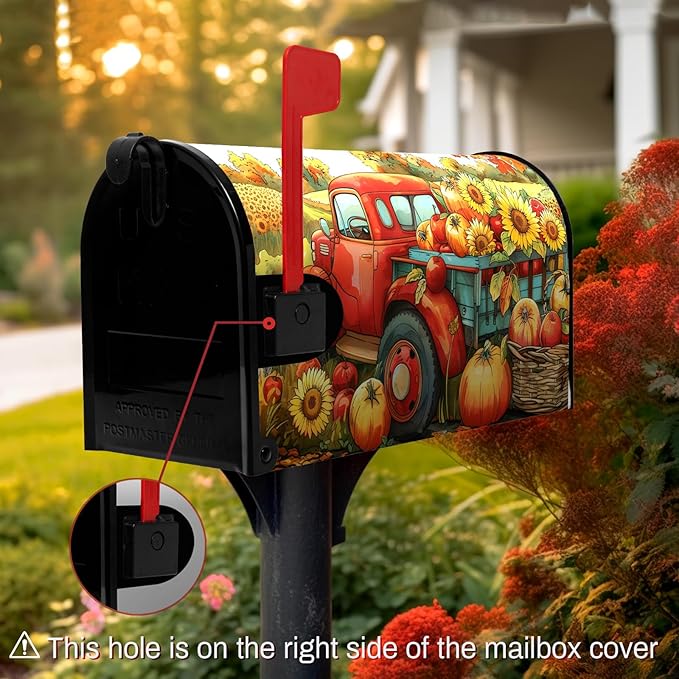Fall Pumpkins Sunflower Mailbox Covers Magnetic Standard Size 21 X 18 Inch Autumn Red Truck Harvest Mailbox Wraps Cover Thanksgiving Letterbox Cover for Garden Yard Outdoor Decor