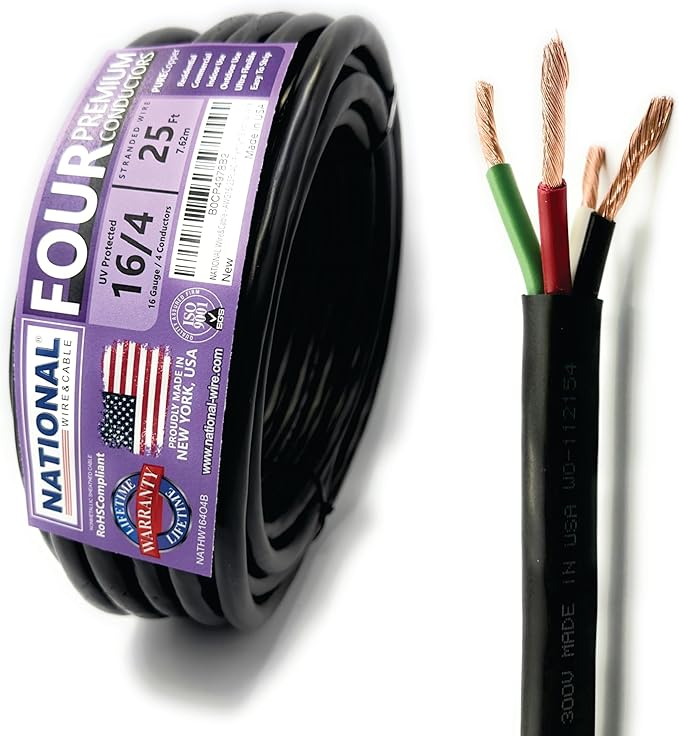 NATIONAL Wire & Cable – 16 AWG 4-Conductor Premium Copper Wire, 25 ft, Stranded | Made in USA, Heavy-Duty Flexible Jacket | LED, Lights, DIY Projects, Low Voltage Wiring, Indoor and Outdoor Use