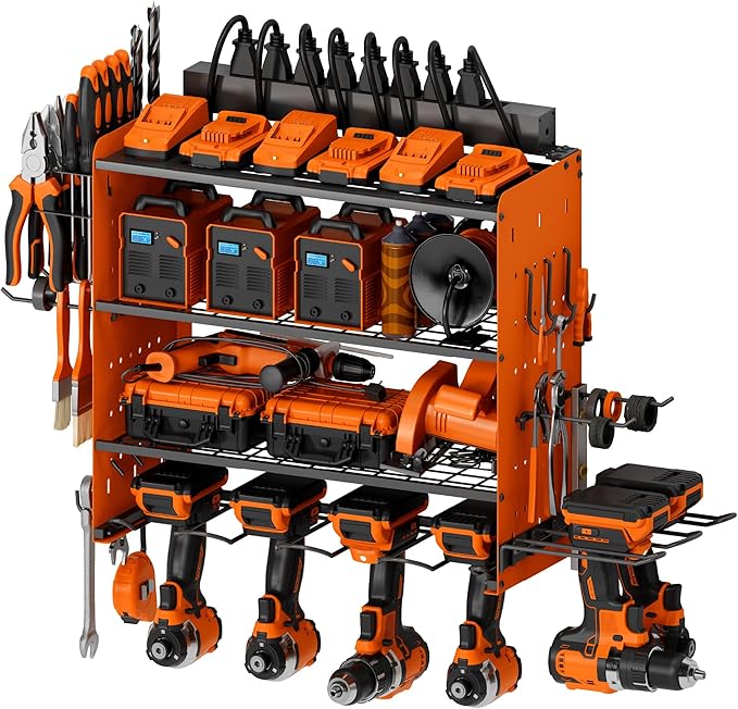 Power Tool Organizer with Charging Station, 4 Layers Garage Storage Rack with 6 Drill Holders, Father's Days Gift For Dad, Wall Mount Garage Organizer Built in 8 Outlets Power Strip, Orange