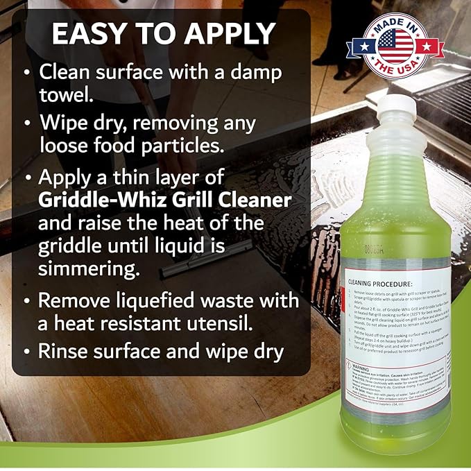 Griddle-Whiz Grill & Griddle Cleaner (4-Pack) | Removes Grease, Food Residue, Burnt On Organics | High Heat Flat Top Grill Cleaner, Food Contact Surface | Non-Caustic Formula by FryOilSaver (32oz)