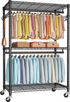 FUTASSI P1 Plus Rolling Clothes Rack, 22mm Diameter Heavy Duty Garment Rack with Wheels, Portable Closet Wardrobe with Double Rods, 45" W x 17.7" D x 80.5" H, Max Load 524 LBS, Black