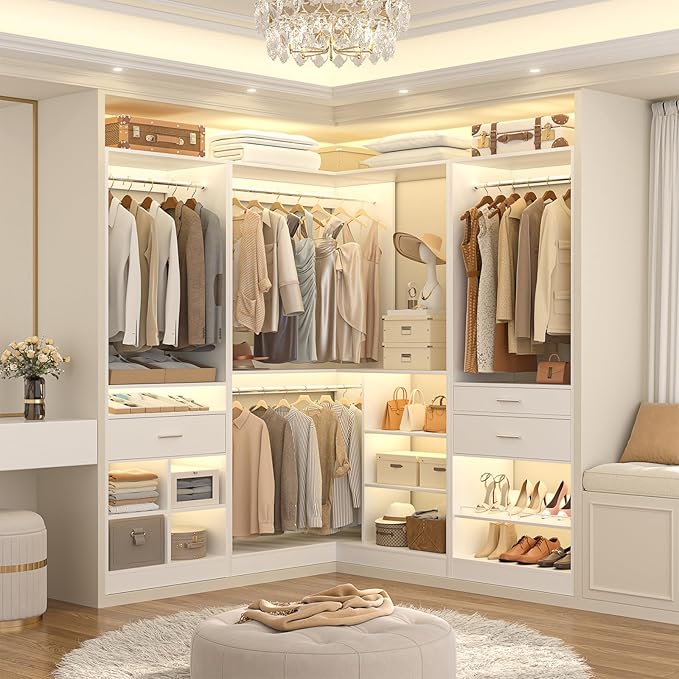 Unikito 86” Corner Closet System, Modular Closets Organizer with 4 Hanging Rods and Storage Shelves, Freestanding Adjustable Wood Clothes Garment Rack with Drawers, Sturdy Walk in Closet Tower, White