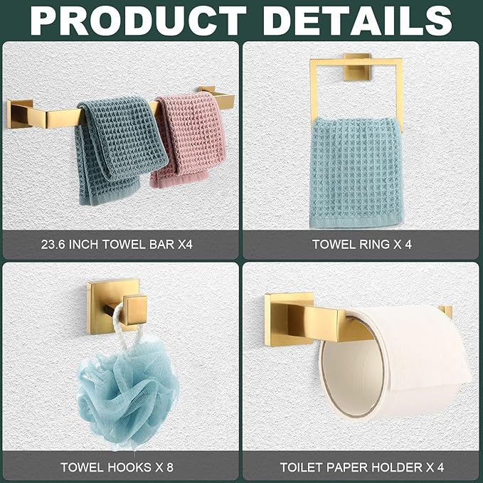 Gisafai 20 Pcs Bathroom Hardware Accessories Set 23.6 Inch Bath Towel Bar Kit Stainless Steel Bathroom Hardware Set Towel Racks Ring Hooks Paper Holder for Wall Mounted (Brushed Gold)
