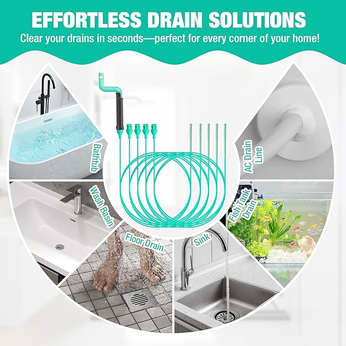 55inch Steel Core Drain Clog Remover Tool With Rotating Handle, Slim Snake Drain Hair Removal Tool For Narrow Pipes, Sinks, Showers, Toilets, Clears Hair, Blockages With Sink Drain Cleaner (5pcs)