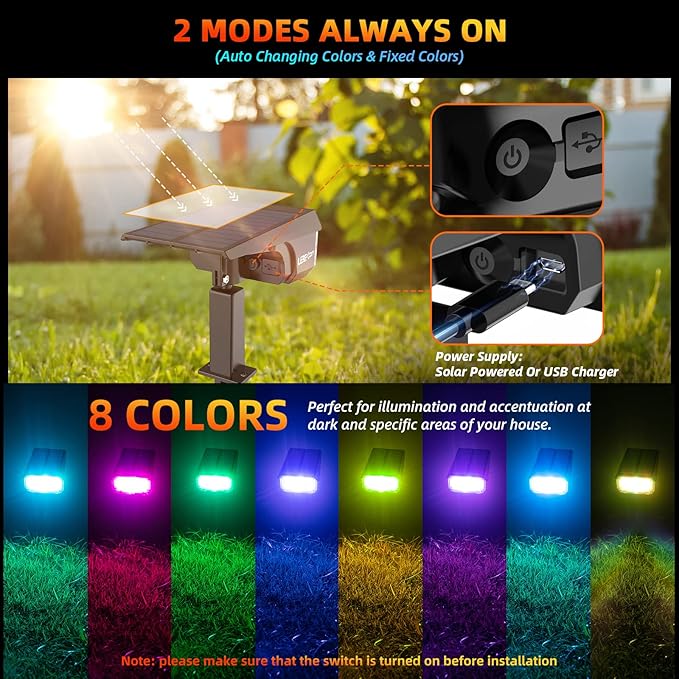 Color Solar Light Outdoor Waterproof Spotlights with 9 Light Modes, Color Changing Solar Outdoor Light for Halloween Decorations, Colored Spot Lights Auto On,Off, RGBW