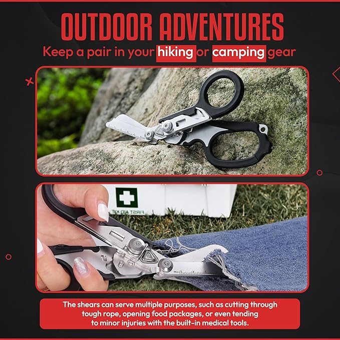 Heavy Duty 6 in 1 Multipurpose Emergency Trauma Shears Scissors with Holster - Outdoor Camping Rescue Tools with Glass Breaker & Strap Cutter Stainless Steel Foldable Scissors Pliers Silver