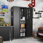 71"H Garage Storage Cabinet with Wheels, Drawer, Pegboard and 16 Hooks, Metal Storage Cabinet with Locking Doors and 2 Adjustable Shelves for Garage, Warehouse, Home, Black, Assembly Required
