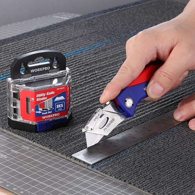 WORKPRO 50-Pack Utility Knife Blades with Dispenser, SK5 Steel Box Cutter, Standard Blades for Utility Knife Replacement