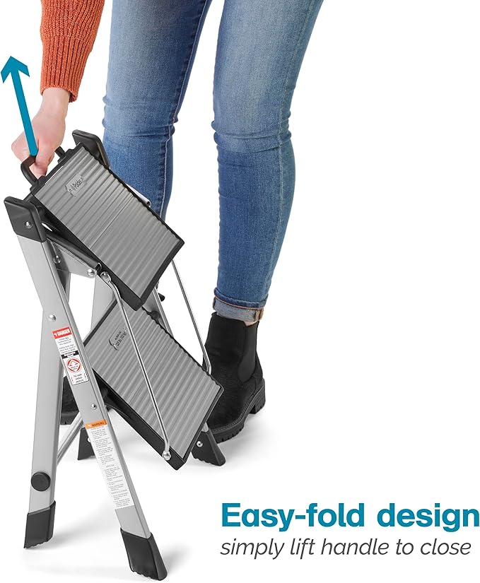 Polder Easy-Close Aluminium 2-Step Stool, Ladder with Non-Skid Feet, Folding Step, Top Step Height - 1.4 feet