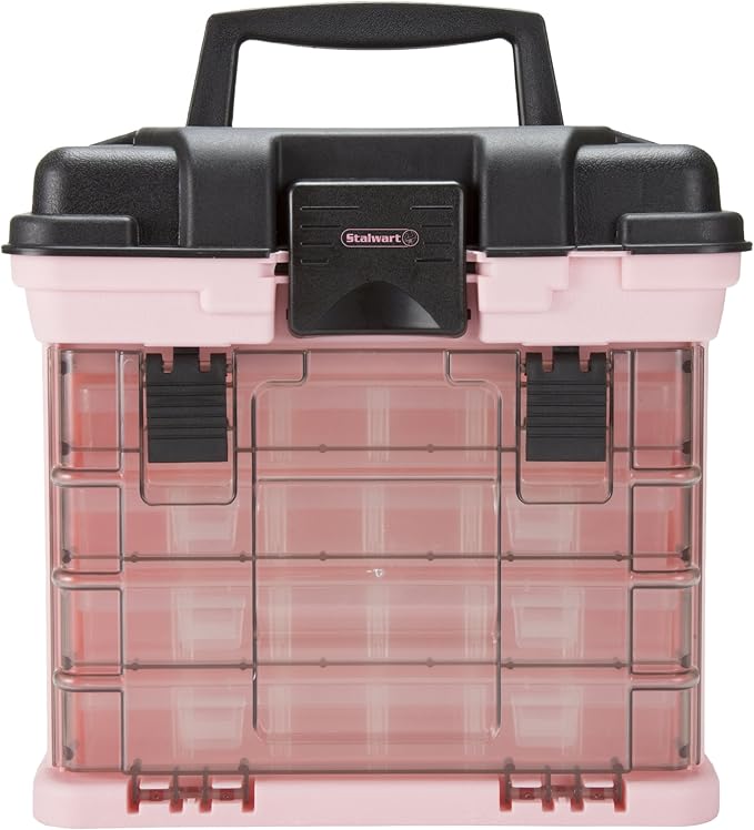 Portable Tool Box - Small Parts Organizer with Drawers and Customizable Compartments for Hardware, Fishing Tackle, Beads, or Crafts by Stalwart (Pink)