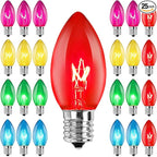 C9 Multicolor Christmas Light Bulbs, Vintage Incandescent Replacement Bulbs for Christmas String Lights, E17 Intermediate Base 7W Night Light Bulbs for Indoor Outdoor Holiday Decor, 25 Pack