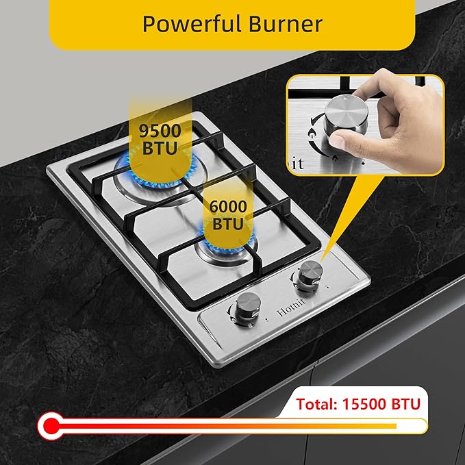Hothit 2 Burner Propane Gas Cooktop, 12" Inch LPG/NG Dual Fuel Built-in Gas Stove Top, Stainless Steel Electronic Ignition Gas Hob for Apartment, Outdoor, RVs(L12"×W20")…