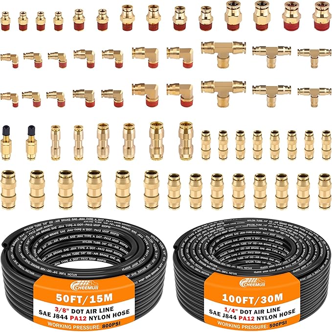 CheeMuii 64 PCS Brass DOT Air Line Fittings with 100FT 1/4" and 50FT 3/8" DOT Air Line Kit Push Lock Quick Connect & NPT Thread Fittings with Pneumatic Tubing Set