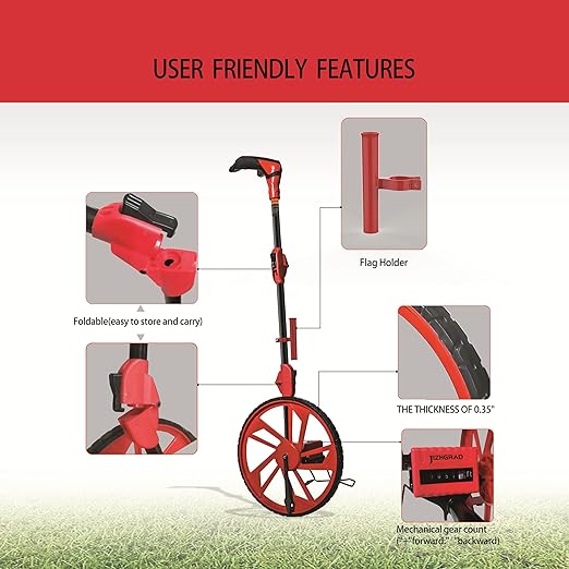 Distance Measuring Wheel in Feet, JIZHGRAD Measure Wheel with 10 Marking Flags and Added Flags Holder, 12.5”Diameter Wheel, Collapsible with One key to Zero, Measurement Wheel with Canvas Carrying Bag