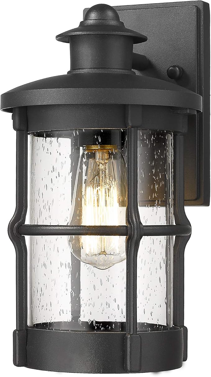 Outdoor Wall Sconces, Outdoor Wall Lights, Exterior Wall Mount Lighting, Exterior Fixture in Black Finish with Seeded Glass for Porch, Garage, Patio, Hallway, Entryway, Black 1 Pack