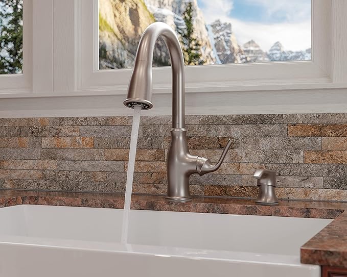 Pfister Rosslyn Kitchen Faucet with Pull Down Sprayer and Soap Dispenser, Single Handle, High Arc, NSF Certified, Spot Defense Stainless Steel Finish, F5297RSSRGS