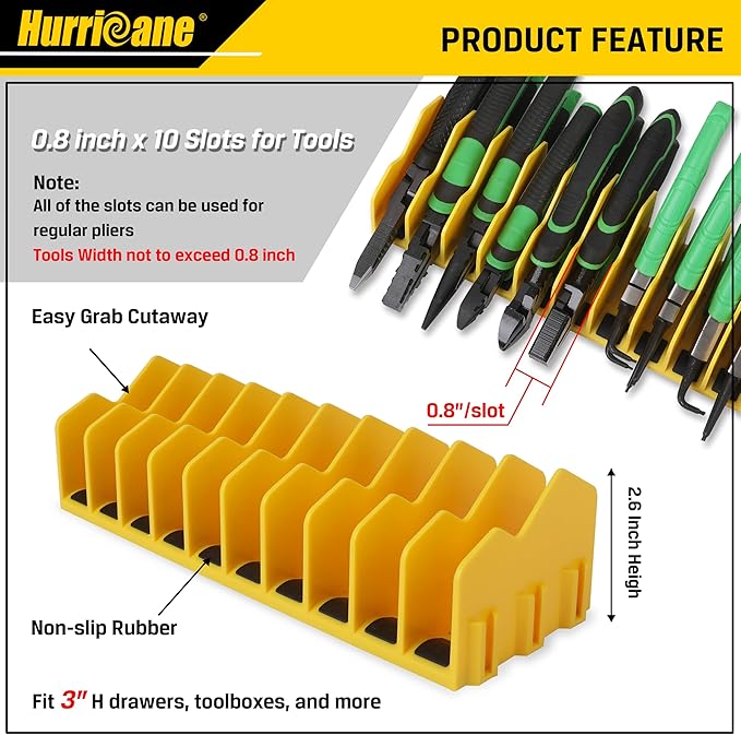HURRICANE Pliers Organizer Rack - 10-Slot Extendable Tool Organizer, Non-Slip Rubber Base, Yellow, Fit 3" H, 1 Pack