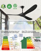 60" Ceiling Fans Without Light, Solid Wood Ceiling Fan with Remote Control and Quiet DC Motor, Ceiling Fan no Light 3 Blades, Outdoor Ceiling Fans for Patios without Lights