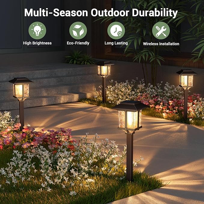 XMCOSY+ Solar Pathway Lights Outdoor, 2-Tone LED Waterproof Garden Outdoor Lighting for Yard Stainless Steel & Glass Solar Powered Landscape Walkway Driveway Decor (Warm White)