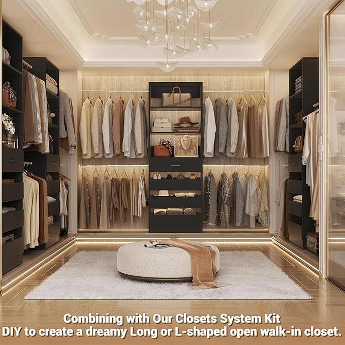 Aheaplus Closet System Set of 2, 4-9Ft Wood Closet Organizer with Drawers & Shelves, Closet Organizer System with 8 Hanging Rods, Walk-in Closets Organizer Wardrobe Closet Rack, Black1