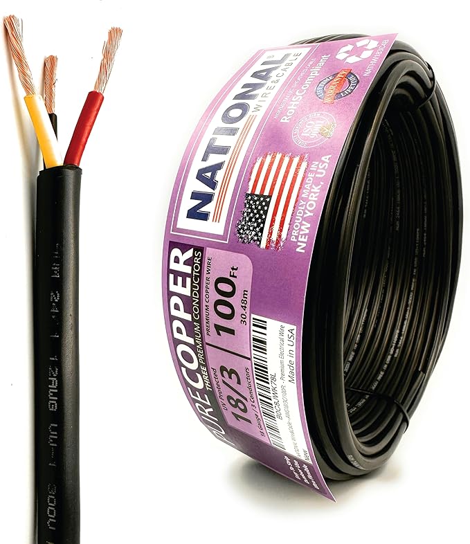 NATIONAL Wire & Cable – 18 AWG 3-Conductor Premium Copper Wire, 100 ft, Stranded | Made in USA, Flexible Jacket | LED Strips, Electronics, Low Voltage, DIY Projects, Indoor and Outdoor Use