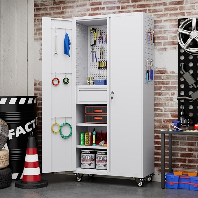 71" H Garage Storage Cabinet with Wheels, Drawer, Pegboard and 16 Hooks, Metal Tool Storage Cabinet with Locking Doors and 2 Adjustable Shelves for Garage, Warehouse, Home, White