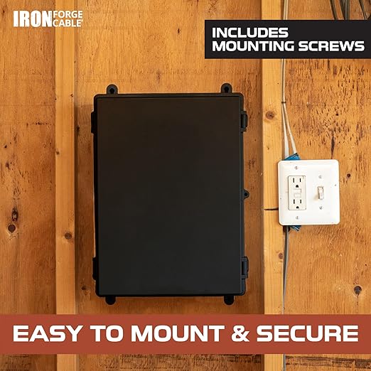 Iron Forge Cable Waterproof Junction Box - Outdoor Enclosure - Boxes with Mounting Plate, Wall Brackets, Hinged Black Panel Cover - IP65-15x11x6 Inch