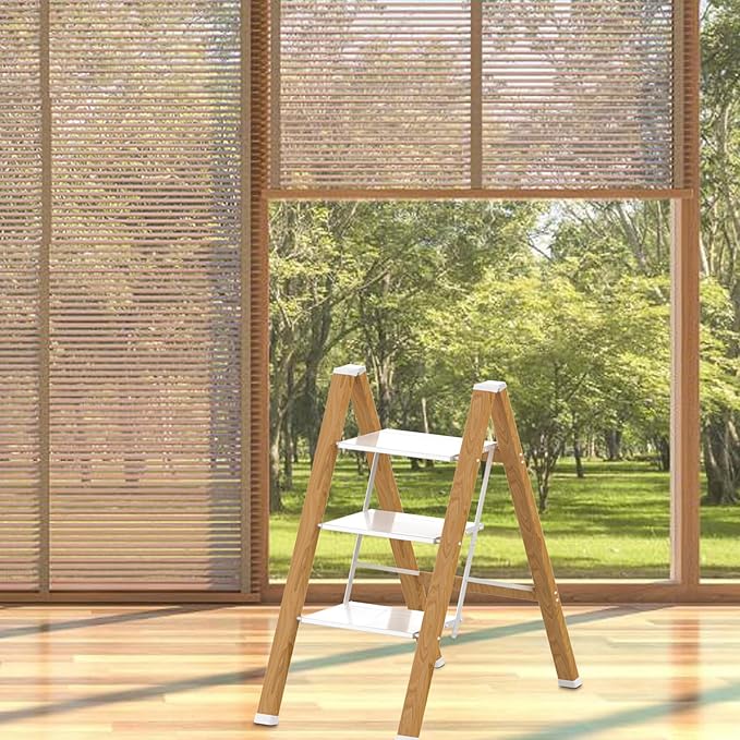 3 Step Ladder, Portable Step Ladder Folding, Lightweight Step Ladder with Anti-Slip Pedal, Aluminum Indoor and Closet, Kitchen, 330lbs - White & Wood Grain